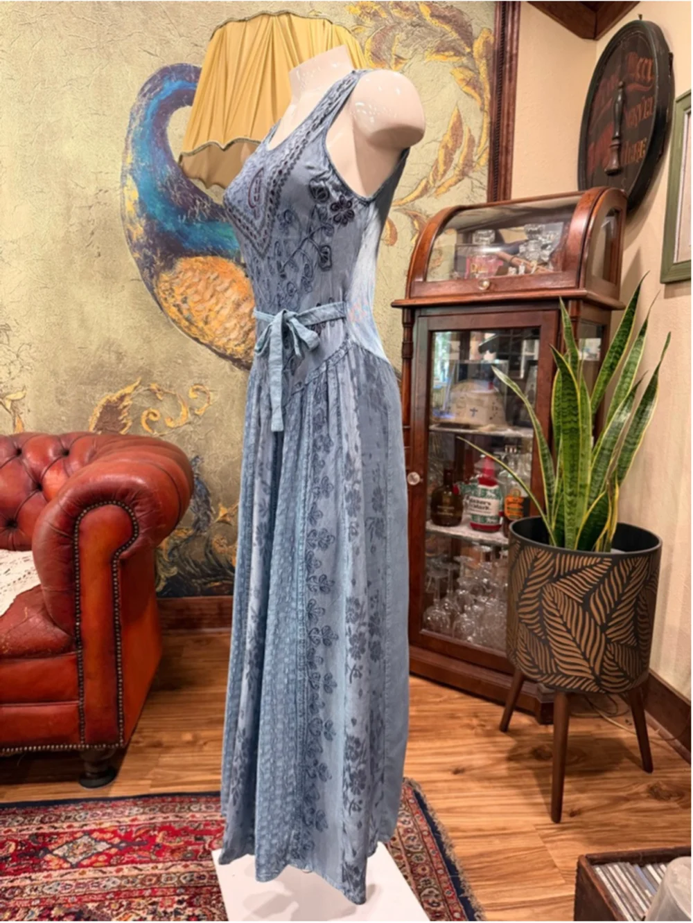 FABULOUS India Rayon Acid Wash Embroidered Maxi Dress Blue Boho Free Size (M)